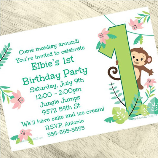 Lil Monkey 1st Birthday Invitations Personalized with Envelopes,  5 x 7 inch,  set of 12