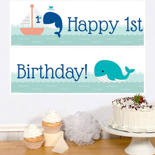 Lil Whale Blue 1st Birthday 2 Piece Banner,  6 x 37 inch,  3 sets of 2