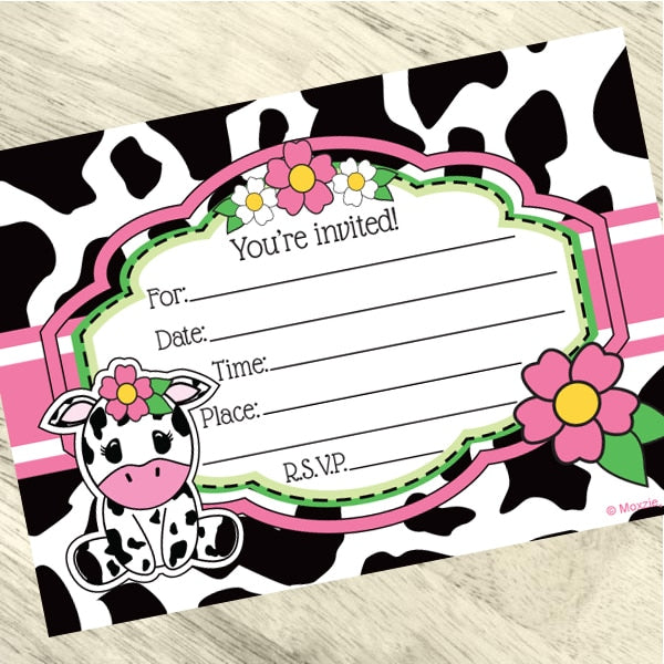 Cow Lil Calf Pink Invitations Fill-in with Envelopes,  4 x 6 inch,  set of 16