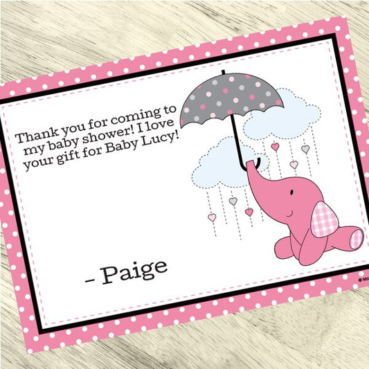 Elephant Baby Shower Pink Thank You Notes Personalized with Envelopes,  5 x 7 inch,  set of 12