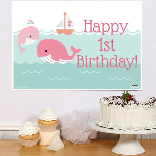 Lil Whale Pink 1st Birthday Party Sign,  12.5 x 18.5 inch,  set of 3