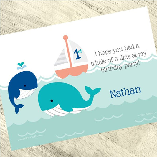 Lil Whale Blue 1st Birthday Thank You Notes Personalized with Envelopes,  5 x 7 inch,  set of 12