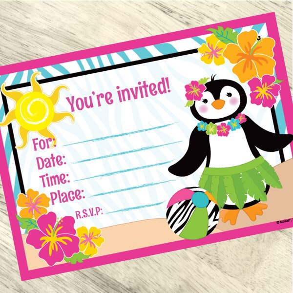 Penguin Luau Invitations Fill-in with Envelopes,  4 x 6 inch,  set of 16