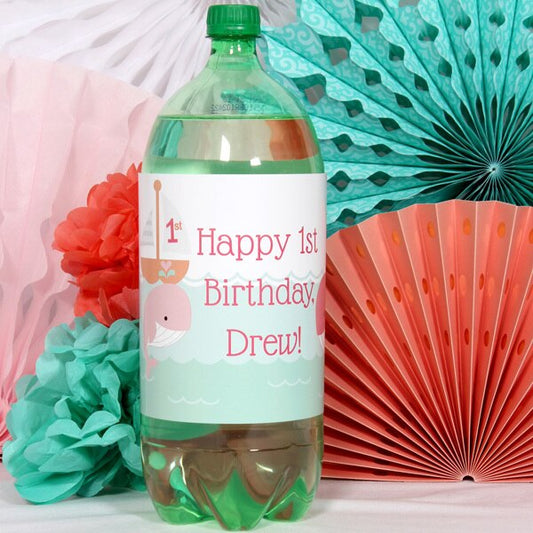 Lil Whale Pink 1st Birthday Bottle Labels Personalized 2-liter Soda,  5 x 15 inch,  set of 8