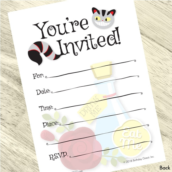Alice In Wonderland Invitations Fill-in with Envelopes,  4 x 6 inch,  set of 16
