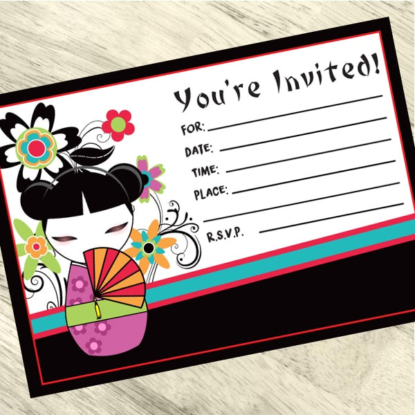 Kokeshi Invitations Fill-in with Envelopes,  4 x 6 inch,  set of 16