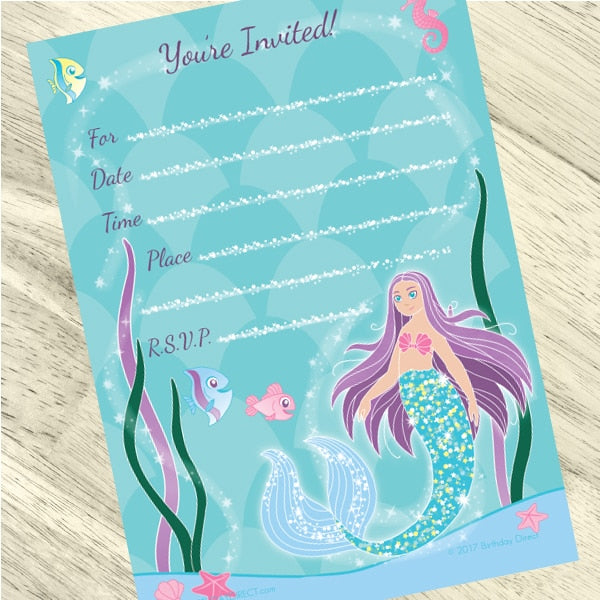 Mermaid Sparkle Invitations Fill-in with Envelopes,  4 x 6 inch,  set of 16
