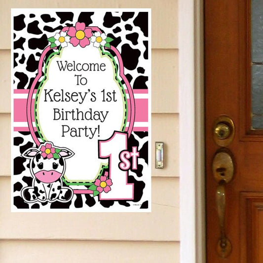 Cow Lil Calf Pink 1st Birthday Door Greeter Personalized,  12.5 x 18.5 inch,  set of 3