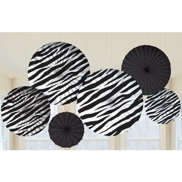 Zebra Print and Black Paper Fan Dangling Decorations,  decor,  6 count