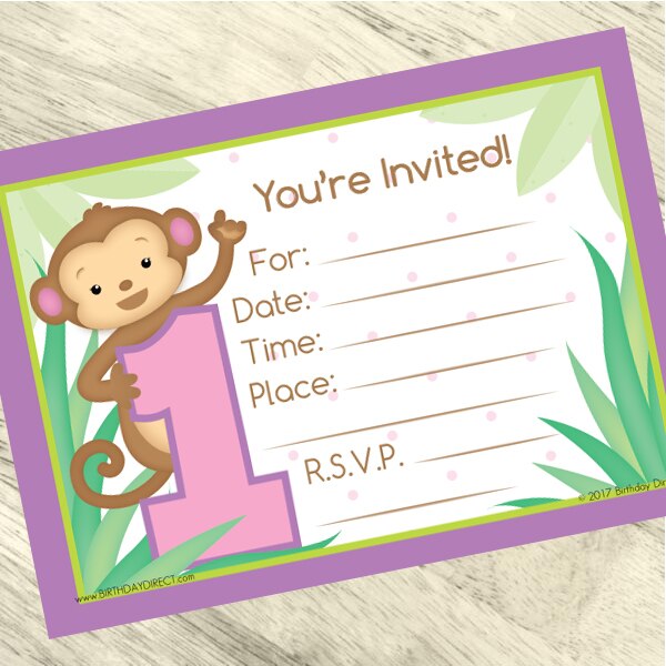 Lil Monkey Pink 1st Birthday Invitations Fill-in with Envelopes,  4 x 6 inch,  set of 16