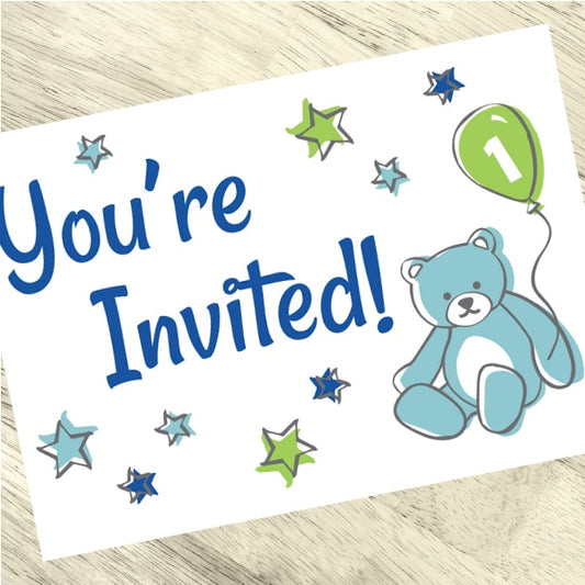 Doodle 1st Birthday Blue Invitations Fill-in with Envelopes,  4 x 6 inch,  set of 16