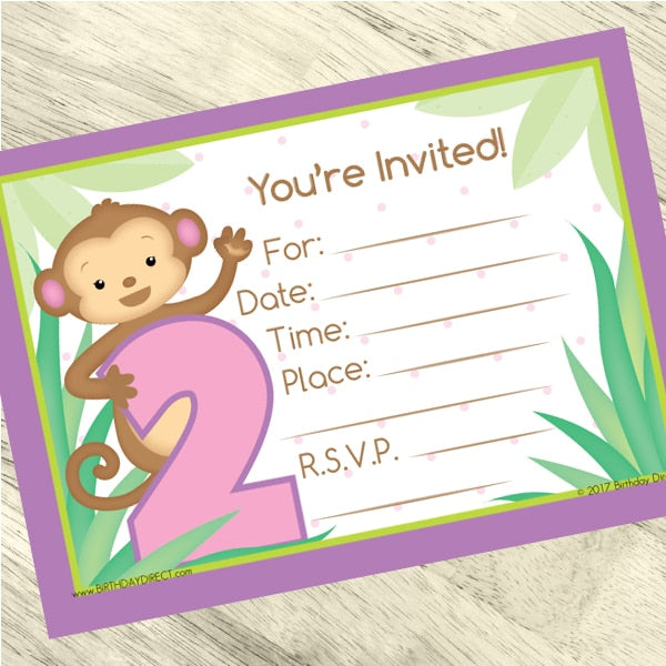 Lil Monkey Pink 2nd Birthday Invitations Fill-in with Envelopes,  4 x 6 inch,  set of 16