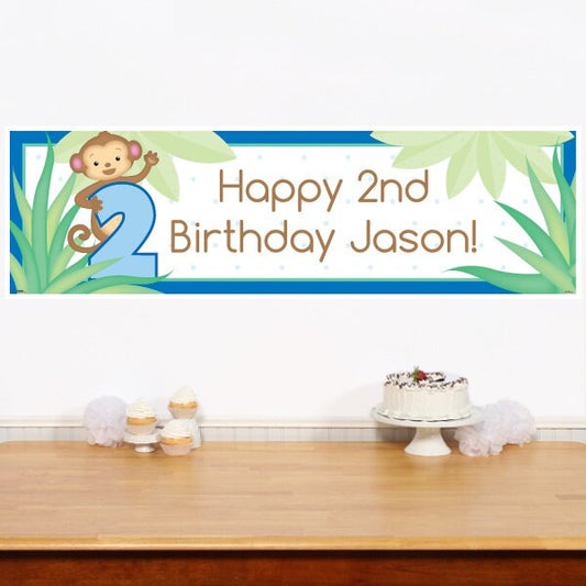 Lil Monkey Blue 2nd Birthday Banners Personalized,  12 x 40 inch,  set of 2