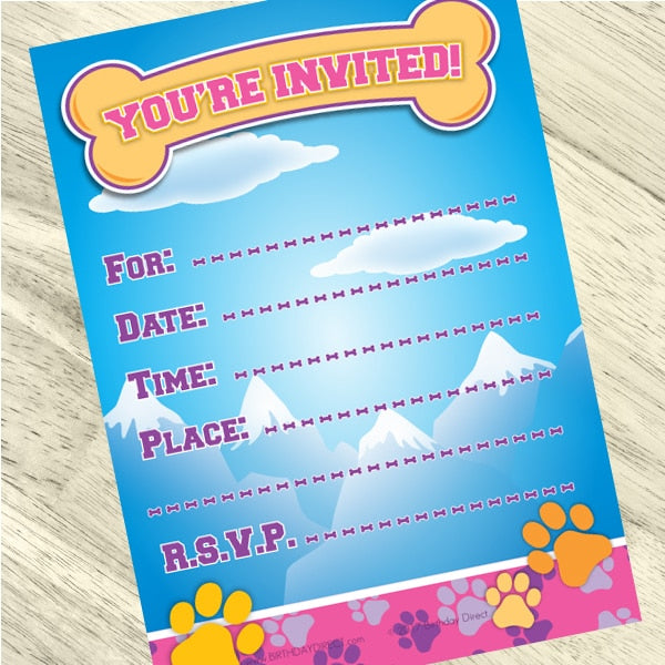 Pawty Girl Invitations Fill-in with Envelopes,  4 x 6 inch,  set of 16