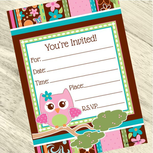 Hippy Owl Invitations Fill-in with Envelopes,  4 x 6 inch,  set of 16