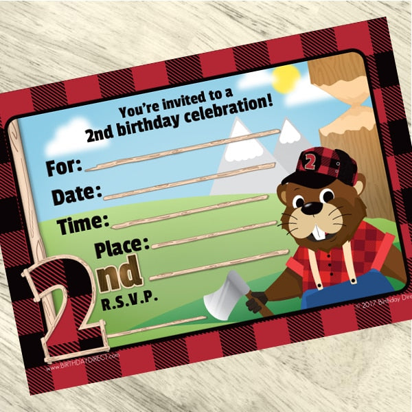 Lil Lumberjack 2nd Birthday Invitations Fill-in with Envelopes,  4 x 6 inch,  set of 16