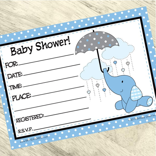 Elephant Baby Shower Blue Invitations Fill-in with Envelopes,  4 x 6 inch,  set of 16