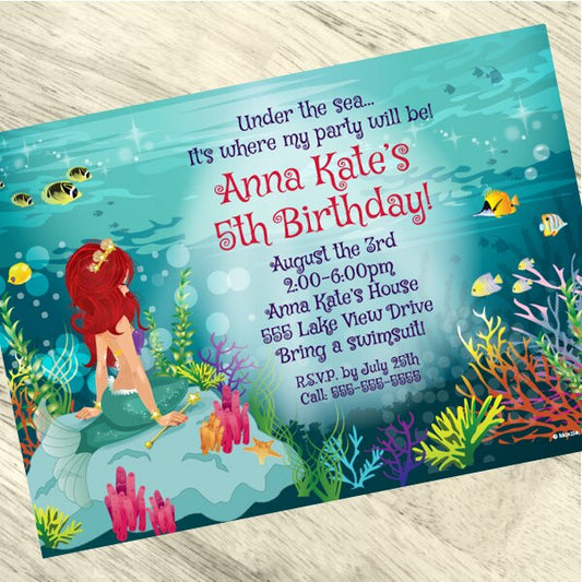 Mermaid Princess Invitations Personalized with Envelopes,  5 x 7 inch,  set of 12