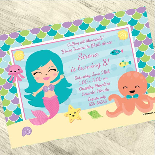 Lil Mermaid Invitations Personalized with Envelopes,  5 x 7 inch,  set of 12
