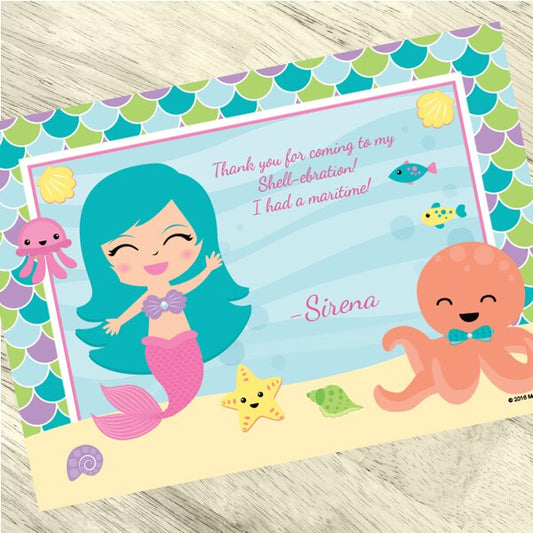 Lil Mermaid Thank You Notes Personalized with Envelopes,  5 x 7 inch,  set of 12
